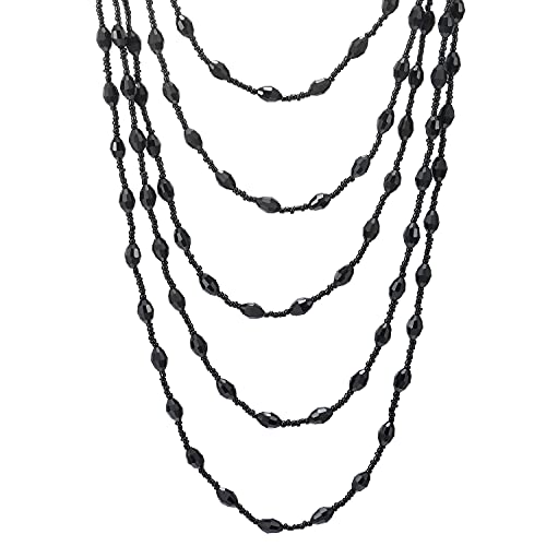 COOLSTEELANDBEYOND Champagne Gold Oval Beads Statement Necklace Multi-Strand Long Chains with Crystal Charm Pendant2