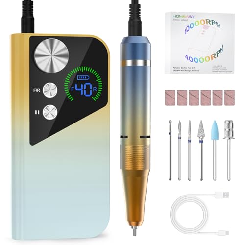 HOMEASY Ponceuse pour Ongles Professionnel: 40000 RPM Lime a Ongle Electrique Rechargeable, 6 en 1 Ponceuse Ongle pour Acryl/Gel, Vitesse Réglable F/R, Ponceuse Manucure pour Salon/Maison, Jaune-Bleu