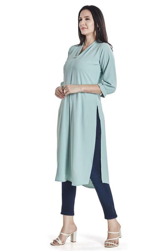Image of nioni Women's Straight Solid Kurti with V-Fold Neck | Rayon Lycra Material | Fashionable Micro Pleates | 3 /4th Sleeve Kurta for Woman & Girls (S to 2XL)