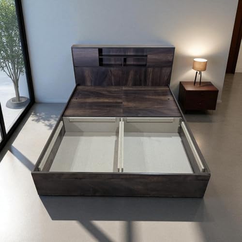 Image of Queen Bed /Cot with Headboard & Top Cabinet Storage, Splash-Proof, Termite-Proof, Modern Design, 2-Year Warranty