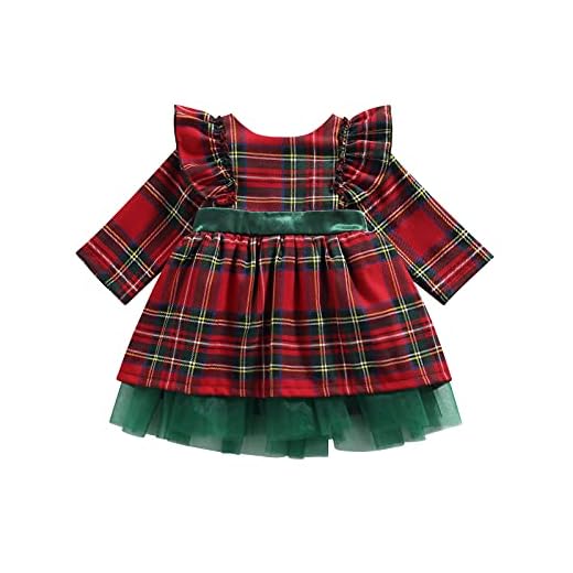 BemeyourBBs 1-6 år barn baby flicka julklänning baby flicka julkläder långärmad rutig rosett klänning barn flickor fest nätklänning, Röd grön, 6-12 månader
