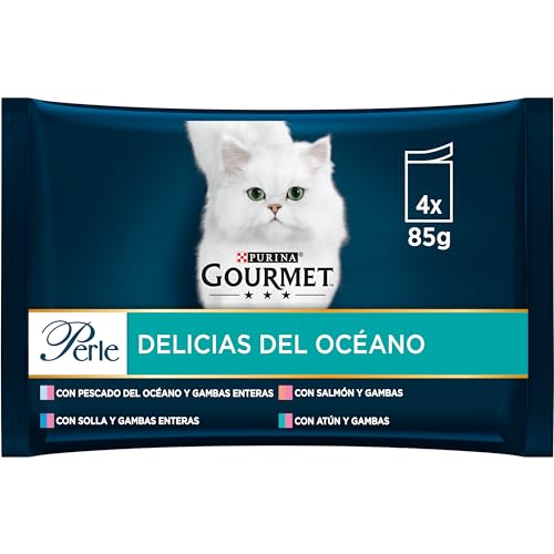 GOURMET Perle Delicias del Océano, Comida Húmeda para Gato Adulto, Trocitos en Salsa, Surtido de Pescado del Océano y Gambas Enteras, Salmón y Atún, 12 Packs de 4 Sobres de 85 g. (48 sobres)