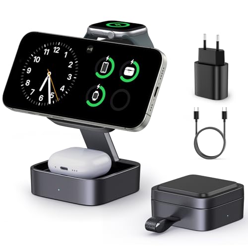 Estación de Carga 3 en 1 para Apple, Cargador de Viaje rápido Plegable magnético Compatible con mag-Safe para iPhone Air/17/16/15/14/13/12 Series, Apple Watch & AirPods Pro/4/3/2
