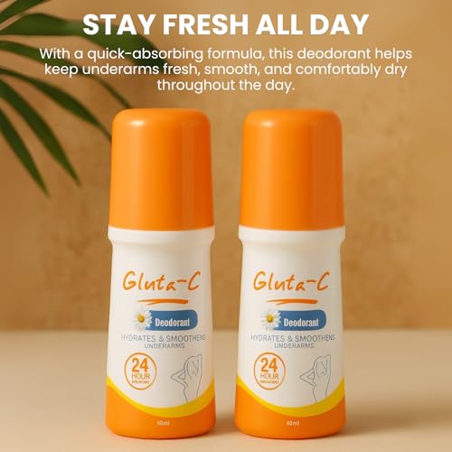 Gluta-C Deodorant Roll-On, 24-Hour Odor and Sweat Protection, Smoothens and Hydrates Underarm Skin, Paraben-Free, Quick-Dry, 40ml for Women & Men - 2 Pack