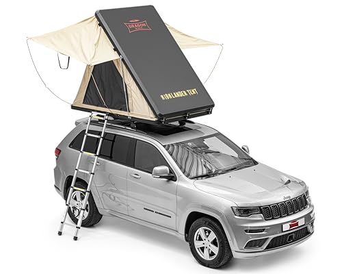 Dragon Winch Tente de Toit pour Voiture 2 Personnes Toit Rigide en Aluminium avec Matelas, échelle télescopique, Poches pour Accessoires, moustiquaires + LED | imperméable | Tente de Camping | Type A