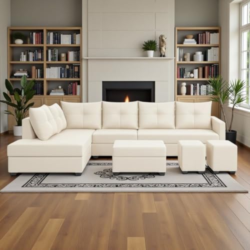 Image of SOCOZI Oriana 8 Seater LHS L Shape Sofa Set | Velvet Suede Fabric L Shape Sofa for Livingroom with 2 Ottoman & Centre Table | (Cream)