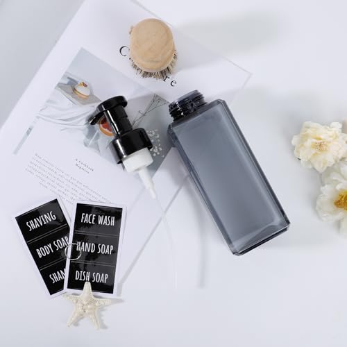 Image of Segbeauty Empty Foam Bottle for Kitchen 22oz, 2pcs Plastic Foaming Soap Dispenser Bathroom, 650ml Gray Square Foam Pump Bottle with Label Stickers, Refillable Foaming Hand Soap Dispenser Large