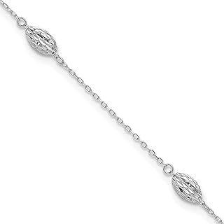 Tornozeleira de ouro branco 14k com contas de arroz de 22,8 cm mais 1 extensor de tamanho ajustável tornozeleira de praia joias finas para mulheres presentes para ela, 9 inches