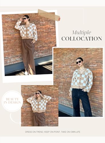 Image of Dokotoo Womens Cardigans Soft Long Sleeve Cable Knit Plaid Cropped Sweaters