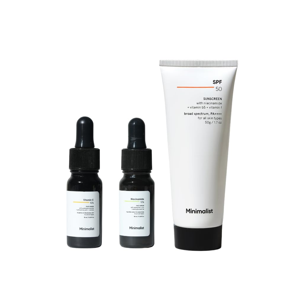 Minimalist Summer Essential Bundle: 10% Niacinamide Serum with Zinc (10ml) for Oil Control & Acne + 10% Vitamin C Serum (10ml) for Dark Spots & Glow + SPF 50 PA++++ Sunscreen (50g)-image-2