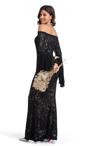 Image of Cercis Womens Off The Shoulder Floral Lace Maxi Wedding Dress Boho Flowy Wedding Guest Formal Long Dresses