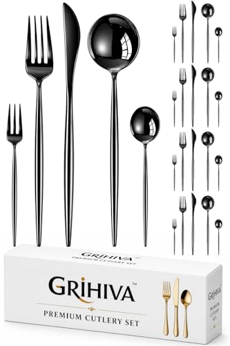 Image of 25 Pcs Black Cutlery Set for Dining Table the Perfect Lightweight Silim Handle Tableware Including Dinner Spoon, Dinner Fork, Dinner Knife, Dessert Spoon & Dessert Fork