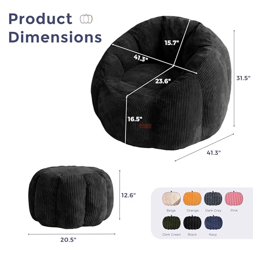 Image of MAXYOYO Giant Bean Bag Chair with Ottoman, Pumpkin-Shaped Bean Bag Sofa with Footstool, Oversized Boneless Couch Chair in a Box, Comfy and Lazy Lounge for Dorm, Living Room, Bedroom, Black