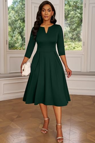 Image of Nmoder Women's A-Line Midi Dress 3 /4 Sleeve V-Neck with Pockets | Midi dress for work, church, flattering high-waist A-line back zipper for easy on /off, side pockets for convenience
