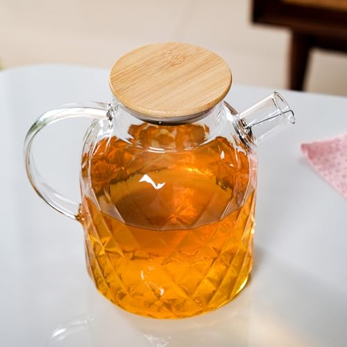 Image of Nestasia Transparent Glass Jug with Bamboo Lid (1700 ml) - Diamond Textured Dishwasher Safe Carafe with Easy Pour Spout & Steel Strainer - Glass Pitcher for Water, Juice, Hot & Cold Beverages