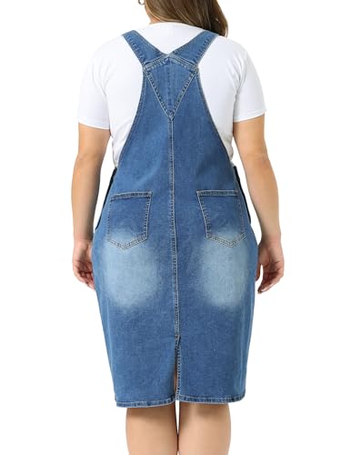 Image of Agnes Orinda Plus Size Denim Overall Dress for Women Vintage Adjustable Strap Pinafore Bib Jean Dresses with Side Pockets