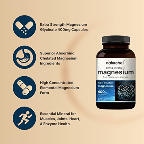 Naturebell Magnesium Glycinate 400Mg (Elemental), 270 Capsules – 100% Chelated For Max Absorption | Non-Gmo & No Gluten, Bioavailable Mineral Supplement For Muscle, Joint, Enzyme, & Heart Health #TOP2