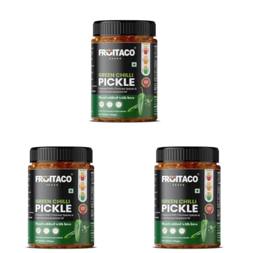Image of Fruitaco Green Chilli Pickle 500 Gm - Spicy & Tangy Indian Pickle for Vibrant Flavors, Hari Mirch Ka Aachar (Pack of 3)