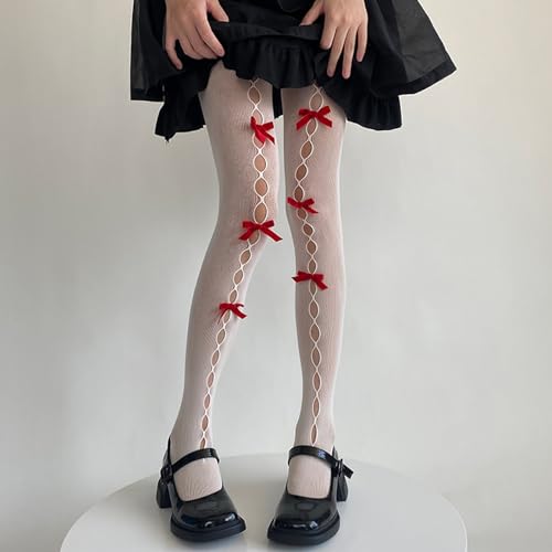 Image of SOLILOQUY Women's Lolita Pattern Tights Kawaii Velvet Bowtie Fishnet Stockings Leggings Mesh Pantyhose Hollow Out lace Socks