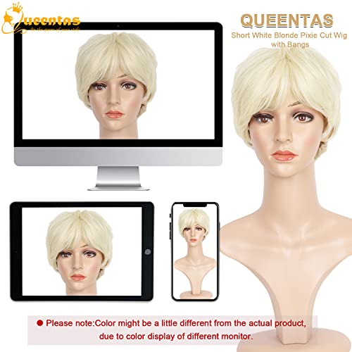 Image of QUEENTAS 8 inch Short Synthetic White Blonde Layered Pixie Cut Wig for Women