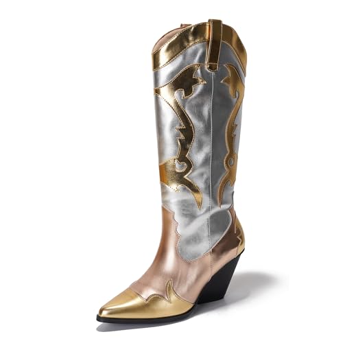 Cape Robbin Womens Metallic Colorblock Cowboy Boots Mid Calf 3 Inch Heel - Multicolor Western Boots with Pointed Toe & Comfort Footbed (Juliana) Gold 9