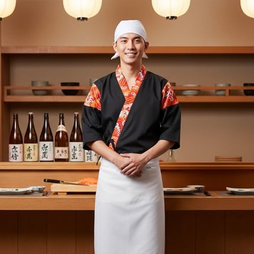 Veste de chef japonais avec imprimé de vagues unique et manches 3/4