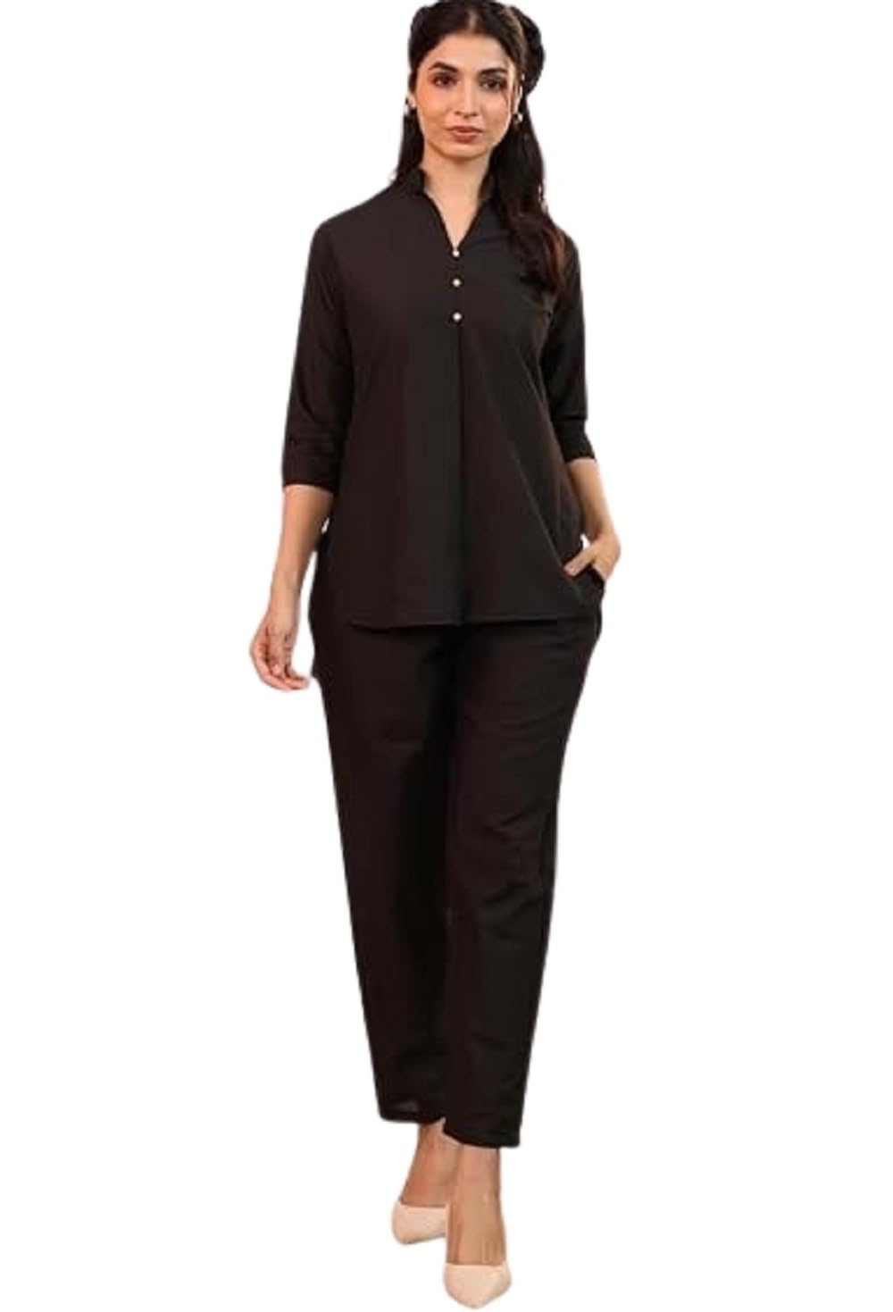 Rangrika.in Solid 3 Button Co Ord Set for Women Straight Fit Top and Pant Set Minimal Stylish Outfit for Office Wear Casual Daily Wear Comfortable Fashion (Black-M)-picture-29