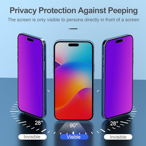 Image of PDDKISS Compatible for iPhone 15 /iPhone 16 Privacy Screen Protector Tempered Glass 6.1 Inch, Purple Gradient Anti Spy Anti Blue Light HD Easy Installation