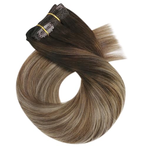 Image of Moresoo Clip in Hair Extensions Real Human Hair for Women Short Human Hair Clip in Extensions Balayage Brown to Blonde 10 Inch Different Batches