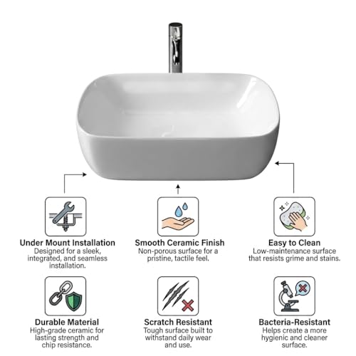 Image of Ceramic Tabletop Wash Basin - Glossy Rectangular Countertop Vessel Sink with Marble Finish for Bathroom & Vanity | Compact 18 x 13 x 5 Inch | Elegant Washbasin