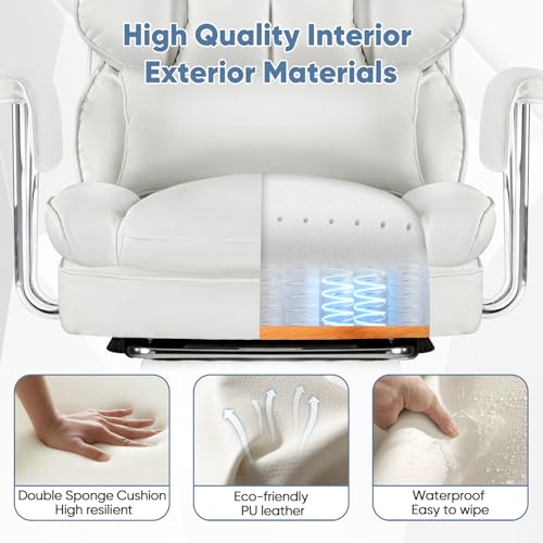 Image of DUMOS Ergonomic Home Office Desk Chair, Executive Chair, PU Leather | Big Tall High Back, Lumbar Support, Reclining Height Adjustable, Computer Gaming, Footrest Swivel Wheels, Snow White