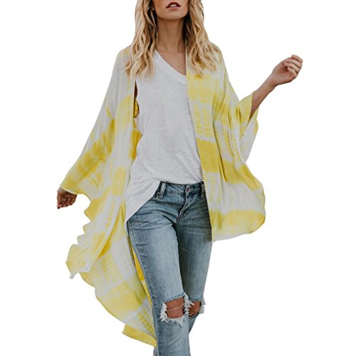 Cardigans for Womens, FORUU Chiffon Kimono Cardigans Flare 3/4 Sleeve Open Front (S, Yellow)