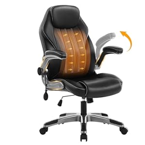 Office Desk Chair, Ergonomic Computer Chair with Padded Flip-Up Arms and Adjustable Lumbar Support, PU Leather Executive Chair with Tilt Lock and 360° Swivel Rolling Wheels for Work, Study
