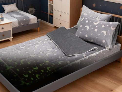 Night Star Moon Plush Comforter Set, Glow in Dark, Twin Grey