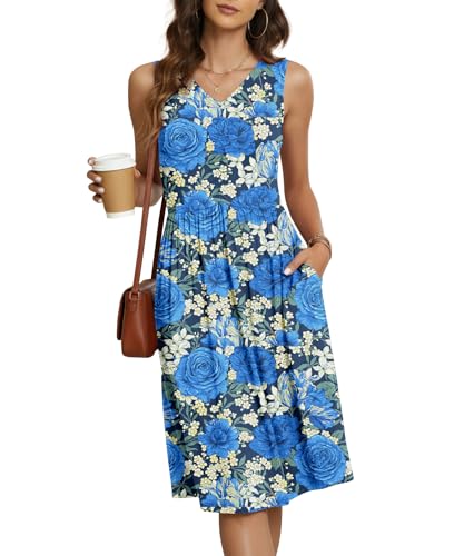 Image of NILOUFO Sleeveless Dress for Women Summer Knee Length Sundress with Pockets | Sundresses for Women Tank Empire Waist Sun Dress Cold Shoulder Casual V Neck Midi Dress Flowy Summer Dresses for Women
