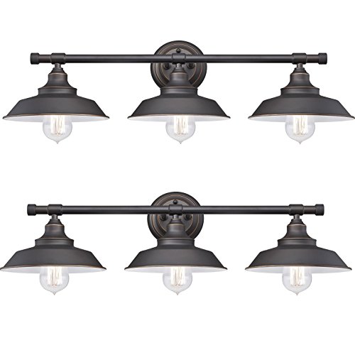 Iron Hill Three-Light Indoor Wall Fixture, Oil Rubbed Bronze Finish with Highlights and Metal Shades (Pack of 2)