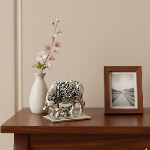 Image of 999 Pure Silver Plated Kamdhenu Cow Idol | 4 Inch Vastu Home Decor | Symbol of Prosperity & Abundance | Auspicious Religious Gift for Pooja Room & Mandir