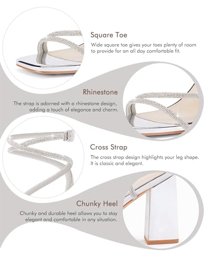 Coutgo Womens Lace Up Chunky Heels Rhinestone Sandals Square Open Toe High Block Heeled Wedding Dress Shoes4