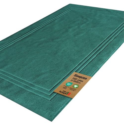SLEEPZEN Lot de 2 Tapis de Bain 50x80cm Teal - 100% Coton Bio Certifié GOTS 800gr/m2 - Tapis Salle de Bain - Tapis Absorbant, 3 Couleurs, Lavable en Machine -...