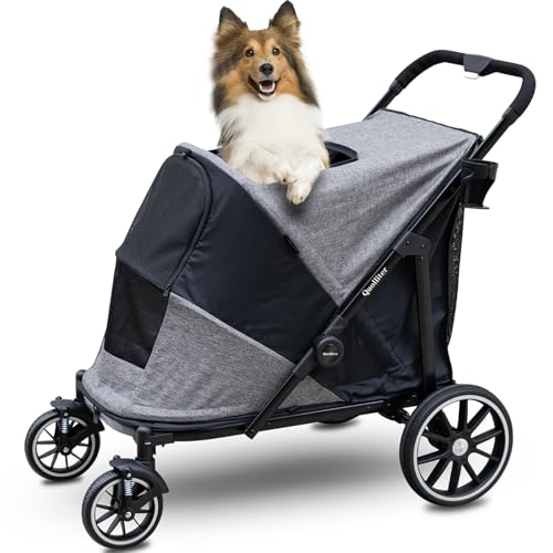 Quolliter Hundewagen Ein-Taste-Zusammenklappung Hundebuggy bis 50kg Hundewagen Große Hunde Katzenwagen für 2 Große Katzen 360° Verschleißfeste Gummiräder Netzfenstern