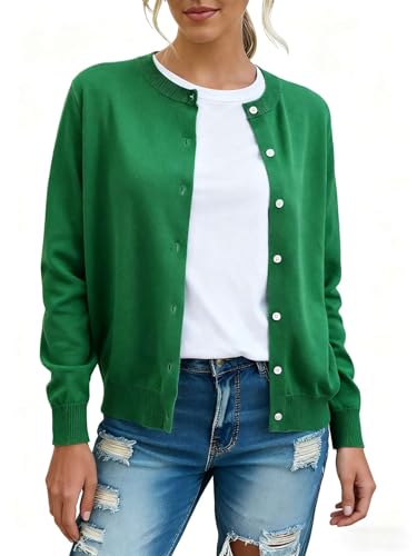 OYOANGLE Women's Button Front Lightweight Sweater Tops Crew Neck Elegant Long Sleeve Daily Cardigan