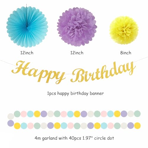Image of Pastel-Rainbow Colorful Birthday Party-Decorations Paper-Flowers - 14pcs Happy Banner Carnival Theme Lanterns Tissue Pom Poms,Macaron Streamers Garland Fans Honeycomb Hanging Supplies Decor Hugfond