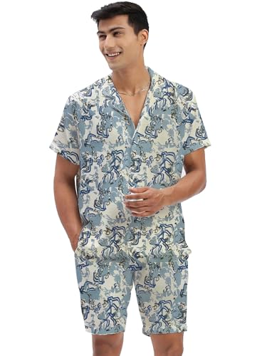 Amazon Brand - Anarva Mens Printed Co-ord Set | Half Sleeve Shirt and Shorts Set | Summer Casual 2-Piece Outfit | Lightweight Cotton Blend Beachwear for Men Blue Turquoise, M