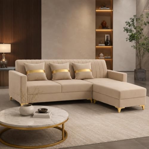 Image of CASASTYLE Signature Groovy 4-Seater L-Shape Sofa Set with Movable Ottoman | Flexible LHS /RHS Layout | Smooth Boston Fabric & Plush Cushions | 40D Foam + Zigzag Spring | 3-Yr Warranty (Beige)