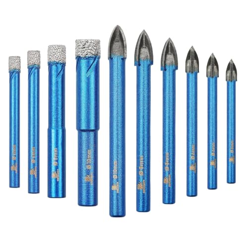 Dry Diamond Drill Bit Set,BRSCHNITT 10pcs/pack 1/4"*2+5/16"+3/8"Diamond Hole Saw&1/4 * 3+5/16 * 3+3/8" Carbide drill bits Round Shank for Porcelain Tile Ceramic Stone Granite Marble,Dry Drilling