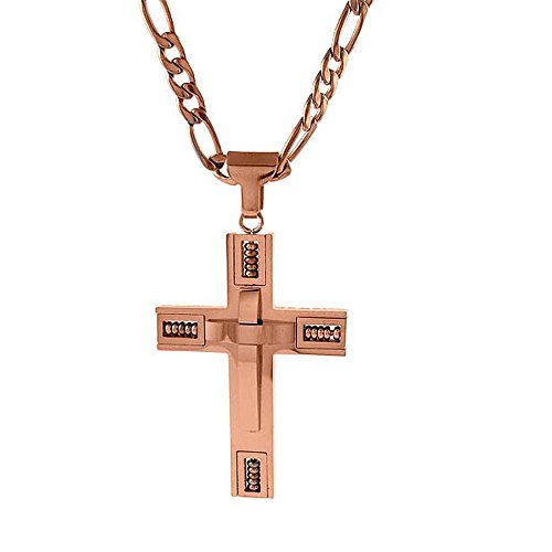 Yeidid International Mens Stainless Steel Rose Gold Pendant Cross Necklace With 24 Inch Figaro Chain #TOP2