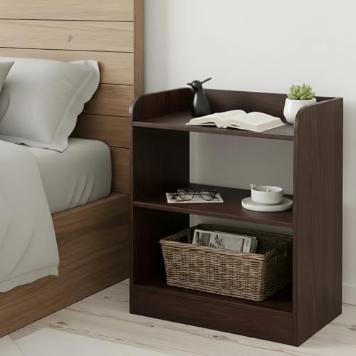 Image of Shoper cart Bedside Table with 3 Open Shelves, Brown Wood Finish, 50.8 x 41.2 x 24 cm, Nightstand Storage Organizer