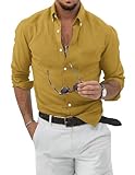 TARAINYA Camisa Lino Hombre Verano con Bolsillos Casual Camisas Hombre Manga Larga Regular Fit Amarillo M
