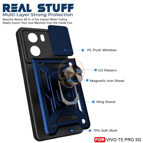 Image of Armor Bumper Back Cover Case for Vivo T5 Pro 5G Rotating Camera Cover, Ring Holder & Kickstand | Heavy Duty & 360 Degree Protection Vivo T5 Pro 5G Back Cover (Blue)