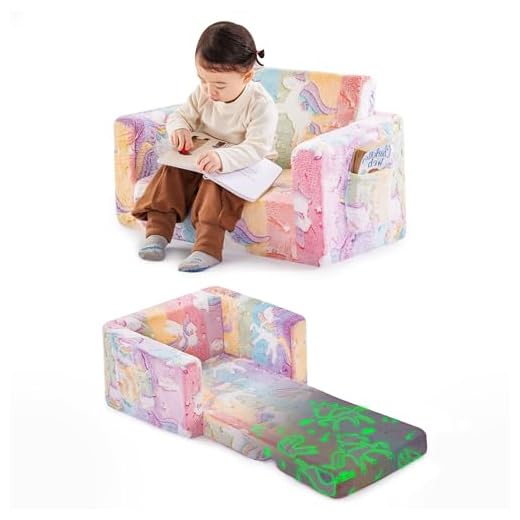 Toddler Chair Couch, Comfy Fold Out Glow in The Dark Kids Sofa with Pocket Kids Furniture Convertible Sofa to Lounger for Playroom, Soft Toddler Armchair with Non-Slip Bottoms for Boys Girls